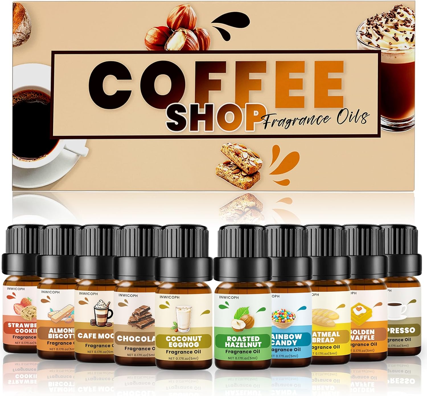 Coffee Shop Fragrance Oil Set | Espresso, Mocha Coffee, Chocolate, Almond Biscotti, Roasted Hazelnut Candle Scents for Candle Making, Soap Making Supplies, Diffuser Oil Scents