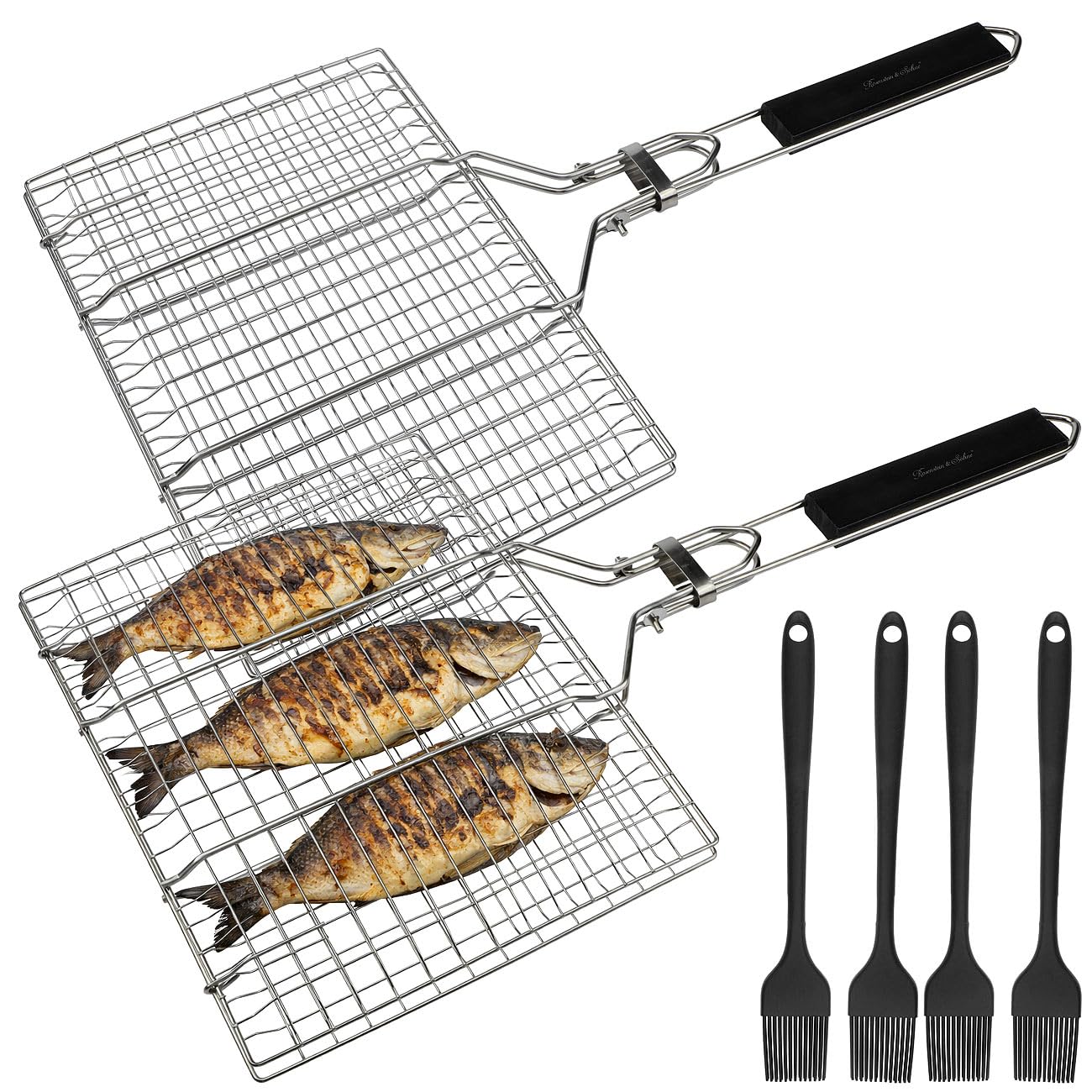 Rosenstein & Söhne Fischgrillzange: 2er-Set Faltbare Edelstahl-Fischbräter, Grillkorb für Fisch und Gemüse (Fischgrillgitter, Fischgriller, Picknick)
