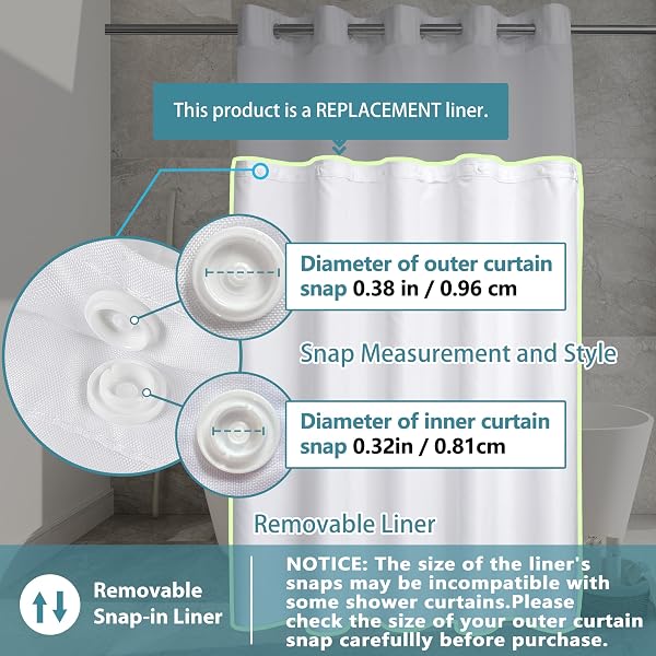 Snap in Shower Curtain Liner Replacement Shower Curtain Liner Removable Liner (1 Pack, 70" W x 54" H-White) - 3