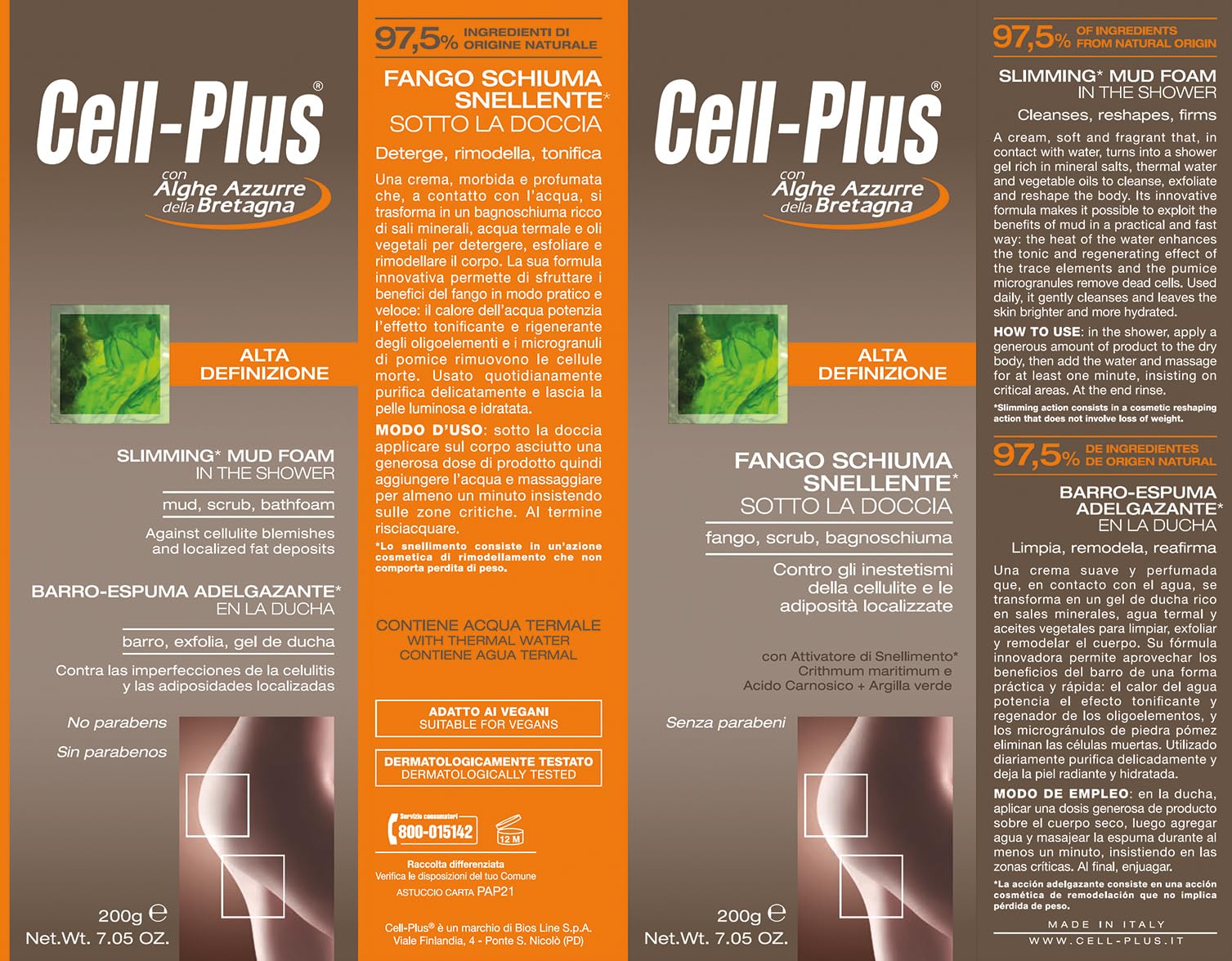 CELL PLUS Fango Schiuma Snellente, Crema Schiumosa Per Combattere Gli Inestetismi Della Cellulite e Le Adiposità Localizzate, 200 ml