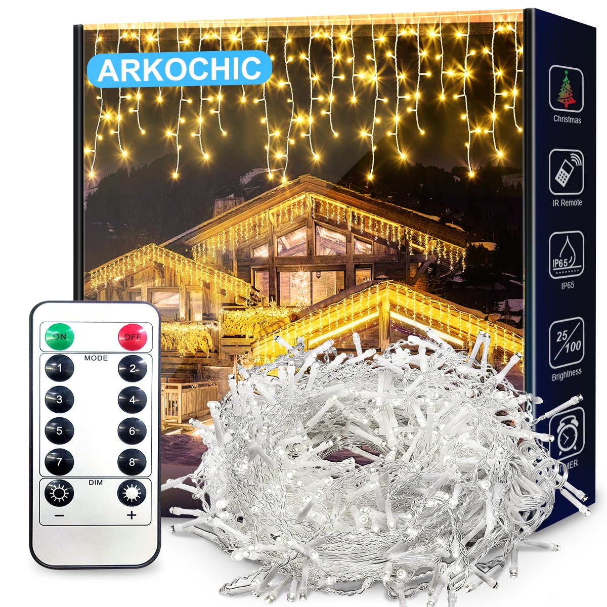 ARKOCHIC 10M Luci Natale Esterno Cascata, 400 LED Tenda Luminosa Bianco Caldo, Luci Natalizie da Esterno con Telecomando, 8 Modalità, Luci Decorazione Natale per Feste, Finestra, Balcone