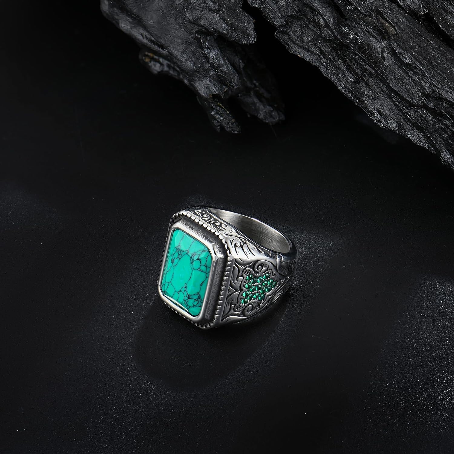 Mens Turquoise Viking Ring - Stainless Steel Signet Band - Vintage Biker Jewelry,Size7-13 - Image 5