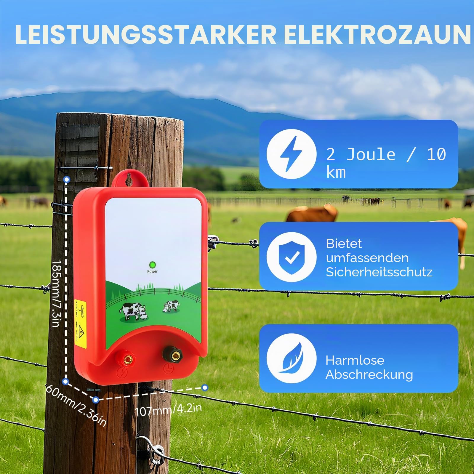 Elektrozaun-Ladegerät,Weidezaungerät 12V,Elektrischer Weidezaun 2J,10 Km Reichweite,Elektrozaungerät Für Rinder,Schafe,Nutztieren,Haustieren,Geflügel, Hausweide,Gärten
