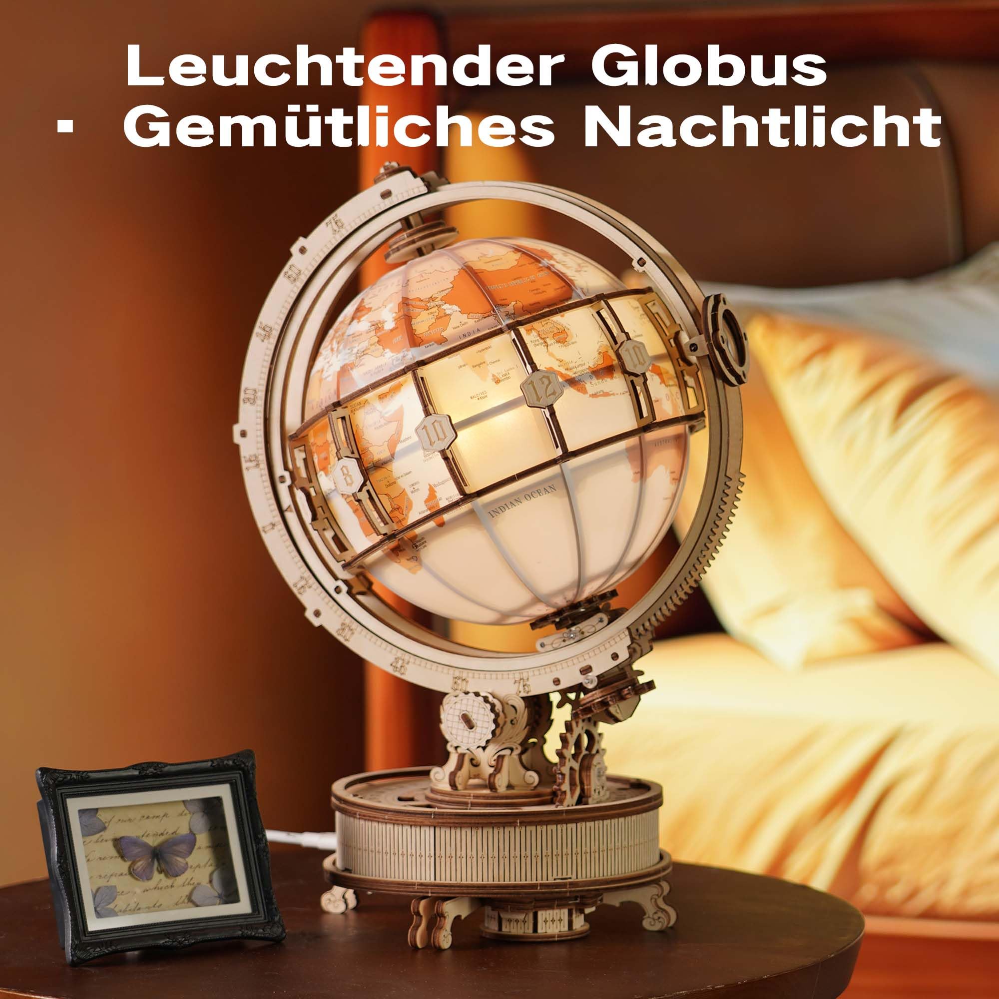 ROKR 3D Holzpuzzle Neuer Elektrischer Globus Modellbausätze Erwachsene,Tischregal-Dekoration,Geschenk für Geburtstag und Feiertage