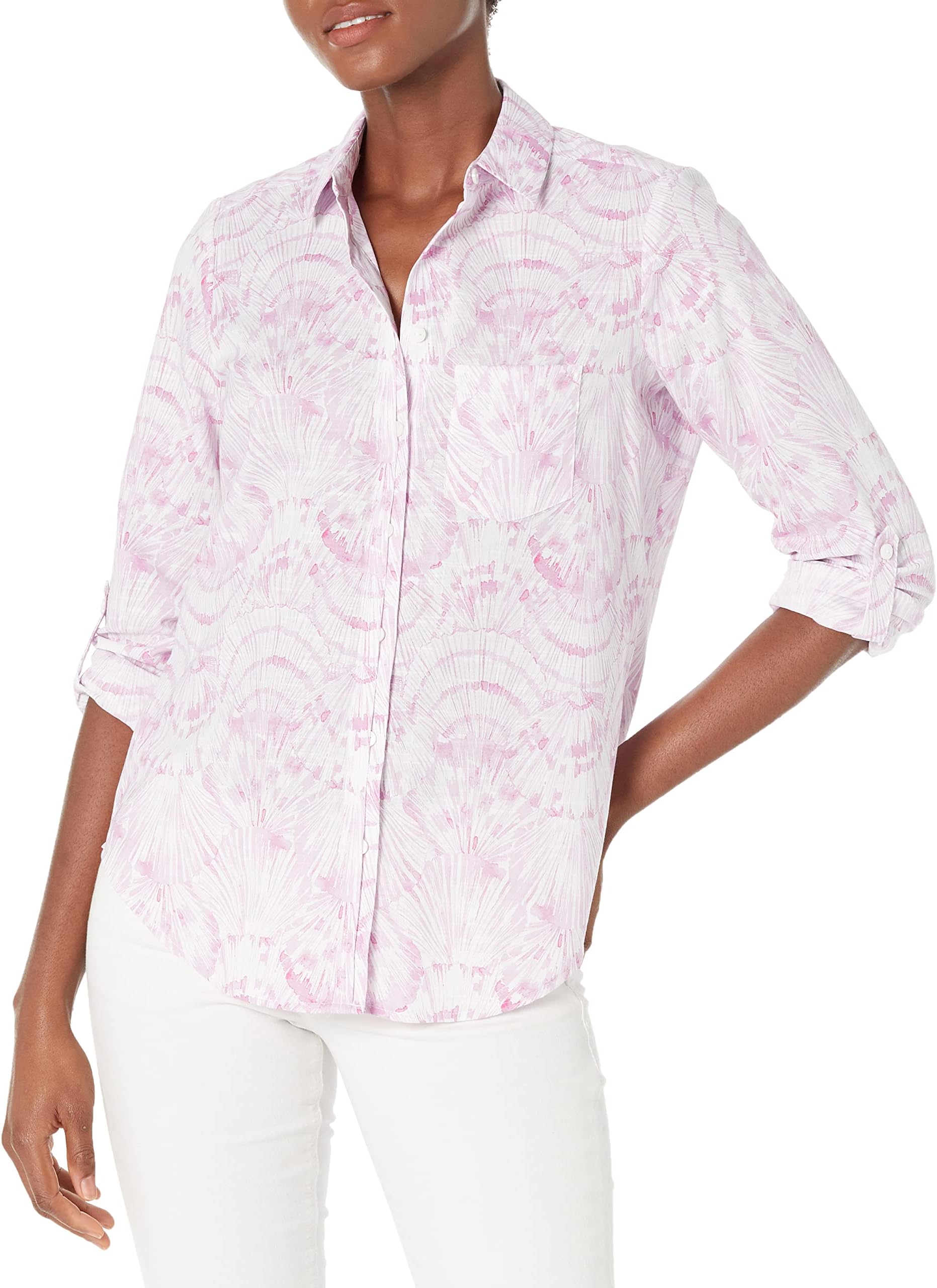 Foxcroft Women's Plus Size Charlie Long Sleeve with ROLL TAB Pastel Shells Blouse, Soft Lilac, 18W