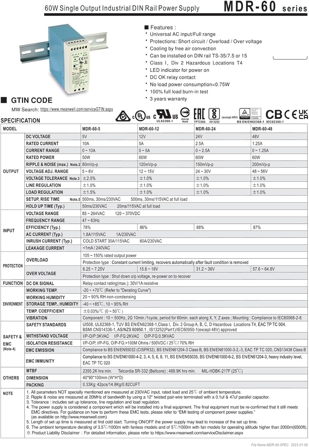 MDR-60-24 DC 24V 2.5A 60W Single Output Industrial Rail Power Supply