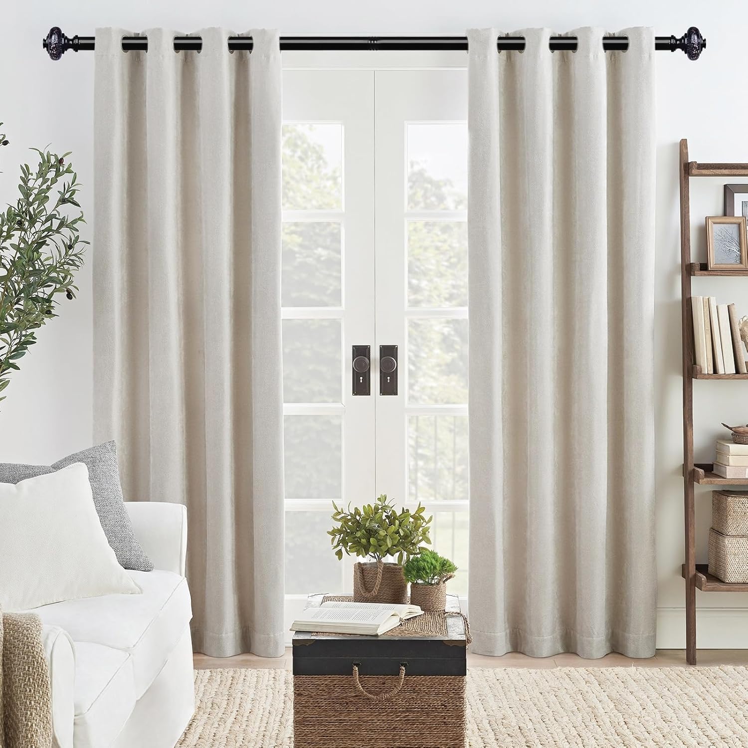 Black Crystal Curtain Rods for Windows 48 to 84 Inch, Decorative Vintage 1'' Diameter Curtain Rod with Black Foil Finial, Adjustable Heavy Duty Easy Install Drapery Pole Set for Farmhouse, Bedroom