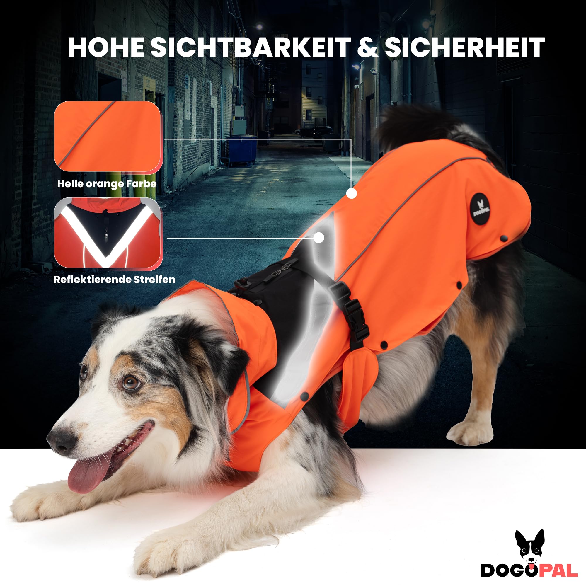 DOGOPAL 2in1 Allwetter-Hundemantel – Wasserdichter Hunderegenmantel mit herausnehmbarem Fleece – Regenmantel Hund für große, mittlere & kleine Hunde (Orange, L)