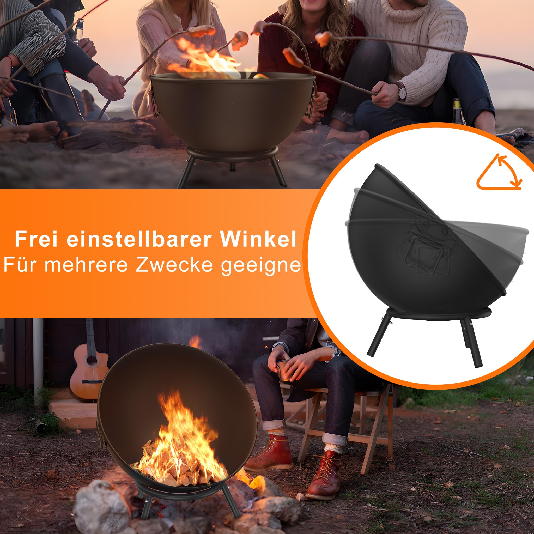 Feuerschale 62 cm Feuerschalen für den Garten, Terrasse & Balkon Feuerkorb Camping aus Stahl Feuerstelle Outdoor mit Dreibein Gestell Feuertonne Flexibel Einstellbarer für Lagerfeuer Schwarz