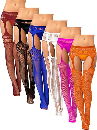 Skylety 6 Pairs Fishnet Stockings for Women Plus Size Thigh-high Tights Stockings Suspender Pantyhose Garter Belts - X-Large-XX-Large - Wine Red, Black, Dark Blue, White, Rose Red, Orange