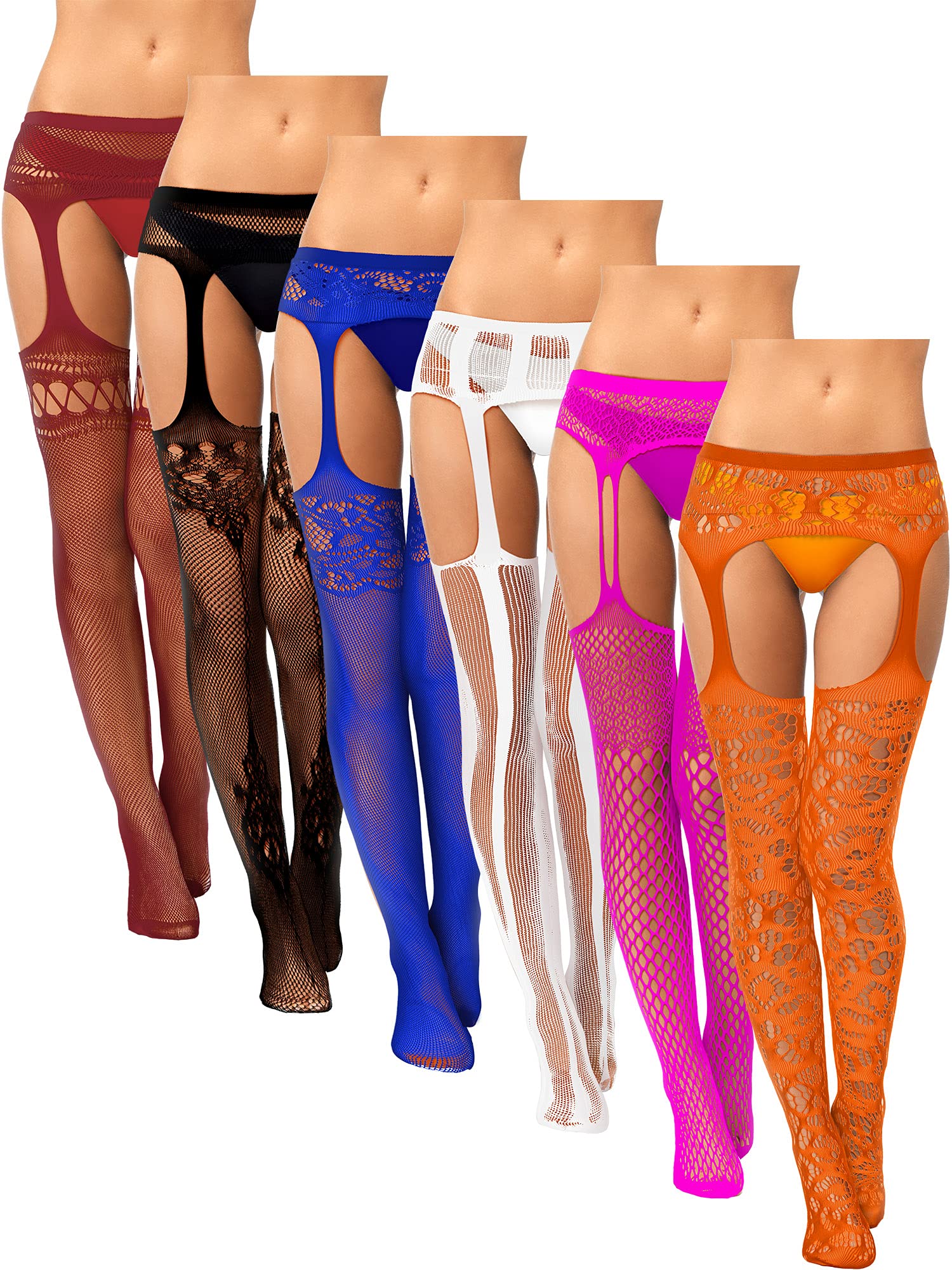Skylety 6 Pairs Fishnet Stockings for Women Plus Size Thigh-high Tights Stockings Suspender Pantyhose Garter Belts