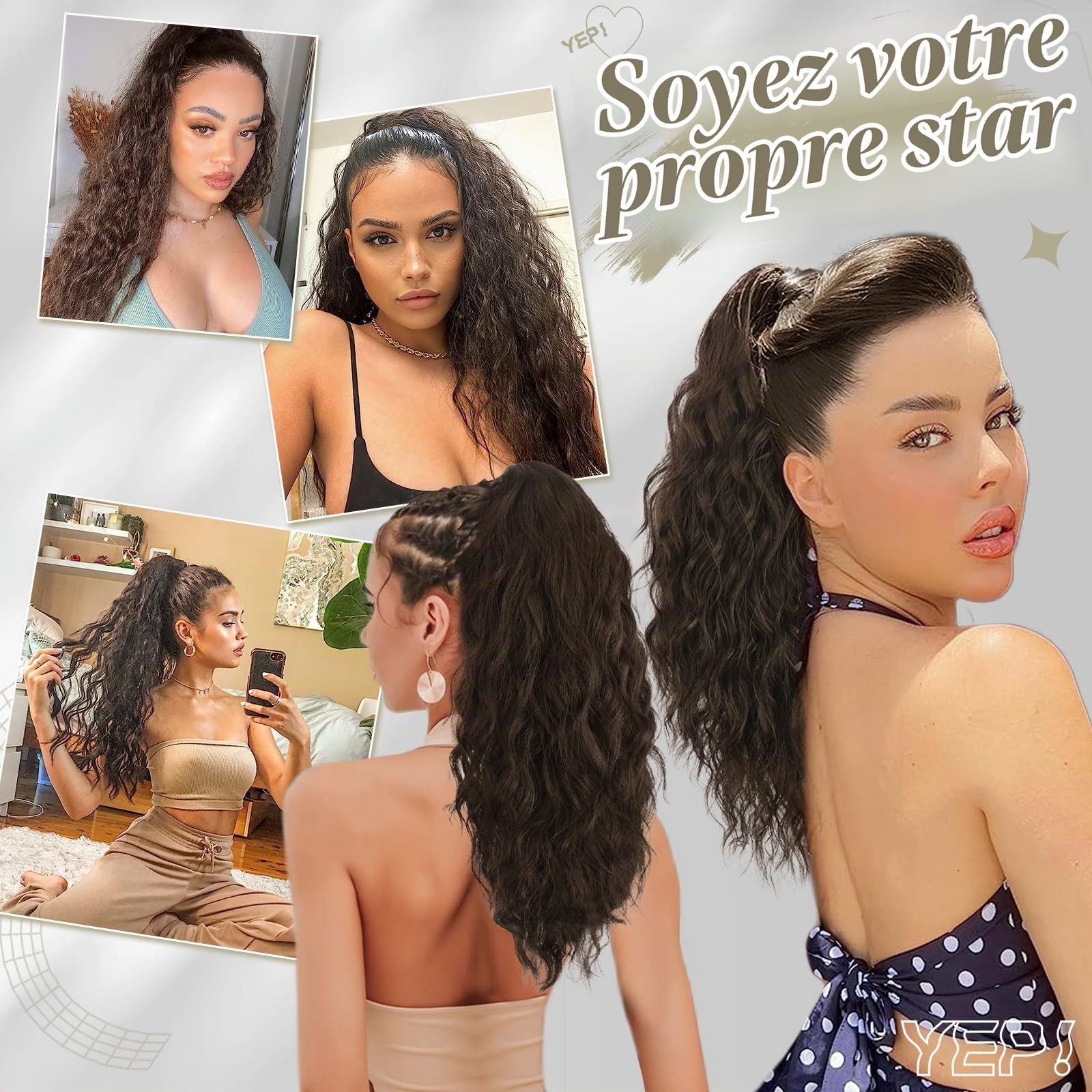 BARSDAR Extensions de cheveux synthétiques à clipser pour queue de cheval - 45,7 cm - Cheveux bouclés et ondulés - Pour tous les jours - Brun foncé