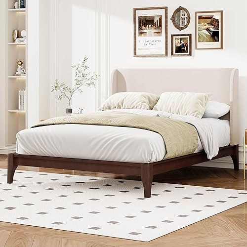 Miniatura 17 de Harper & Bright Designs Marco de cama de plataforma de bambú de tamaño matrimonial, cama de plataforma de madera de bajo perfil con cabecero, sin