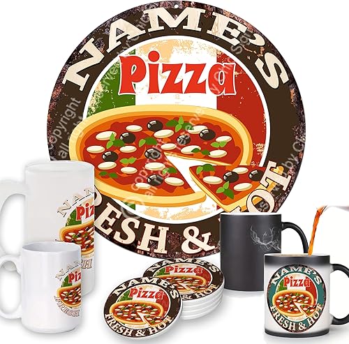 Any Name's Any Text Pizza Fresh and HOT Custom Chic Sign posavasos Tazas rústicas Shabby estilo vintage, retro, cocina, bar, pub, cafetería,