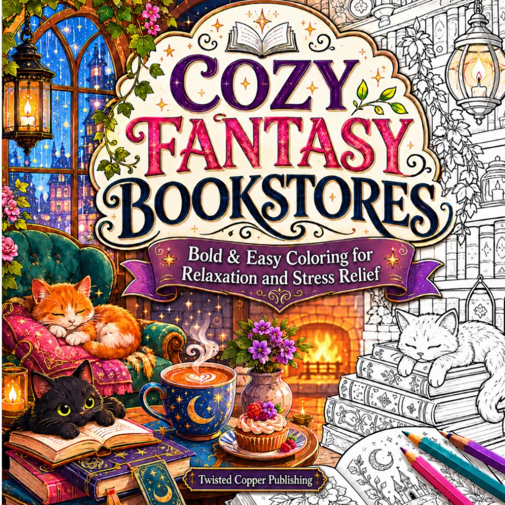 Cozy Fantasy Bookstores: Bold & Easy Coloring for Relaxation and Stress Relief
