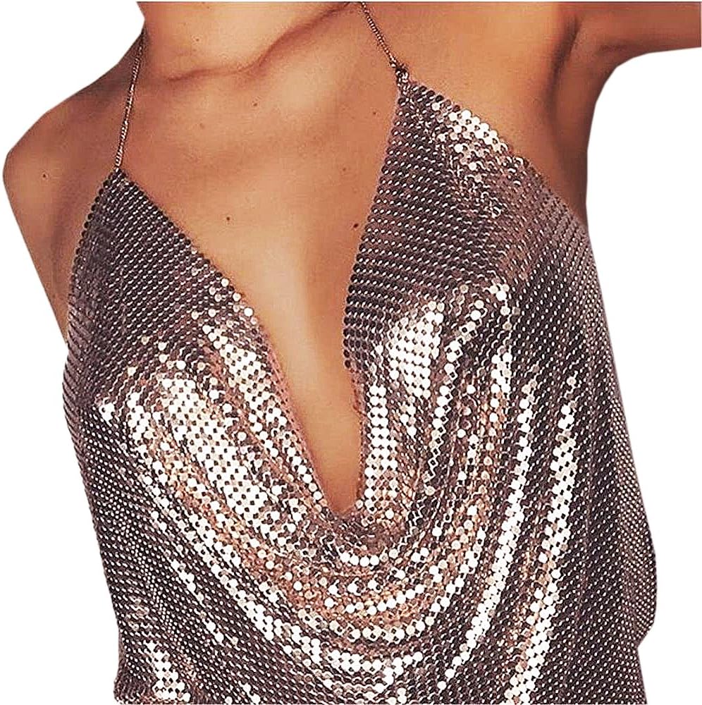 Glitzer Oberteil Damen Pailletten Sexy Deep V Kette Produktbild-Vorschau 9