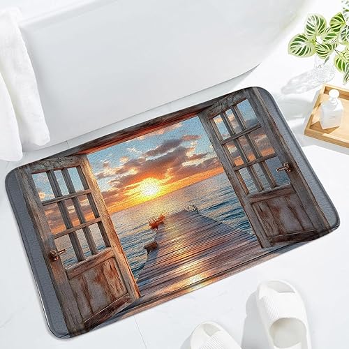 Miniatura 2 de Alfombra de baño para puerta de granero de playa, océano, azul océano, puesta de sol, olas marinas, náutico, costero, paisaje, retro, decoración de