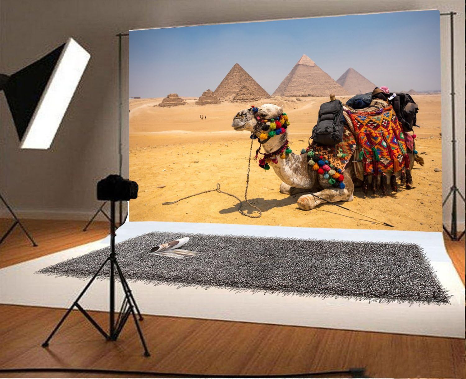 Laeacco 8x6.5FT Vinyl Backdrop Photography Background The Great Pyramid Camel with Luggage Giza Egypt Golden Desert Egyptian Pyramids Backdrop Photo Shooting Studio Props Personal Portrait