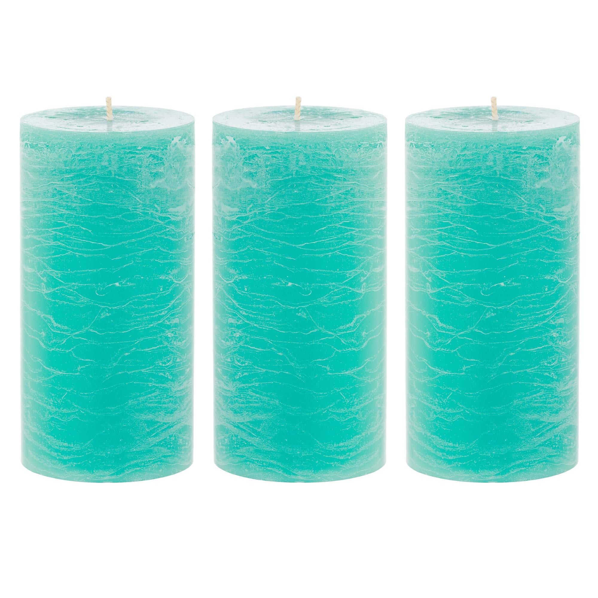 JULIE ANN HOME Unscented 3x6 Tall Pillar Candles – Set of 3 Hand Poured Turquoise Wax Candles | Smokeless, Clean Burning Décor for Weddings, Church, Events | Sea Breeze Blue