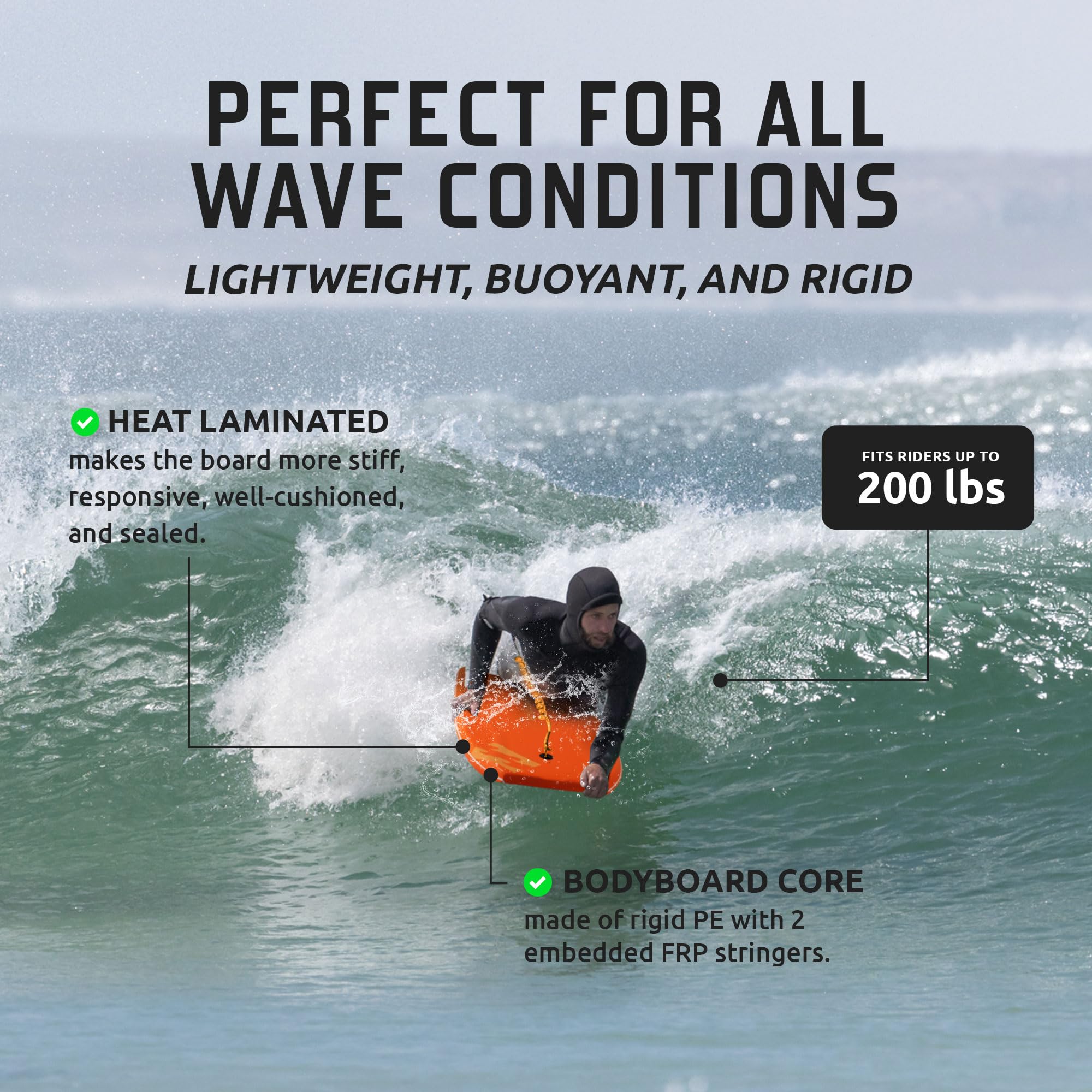 Billabong x CONTOUR SURF Bodyboards für Strandpool, 106,7 cm, leichtes PE-Kern, IXPE-Deck, HDPE-Boden, FRP Stringer, Hochleistungs-Bodyboard mit doppeltem Drehgelenk, Surfleine, Lightning Tangerine