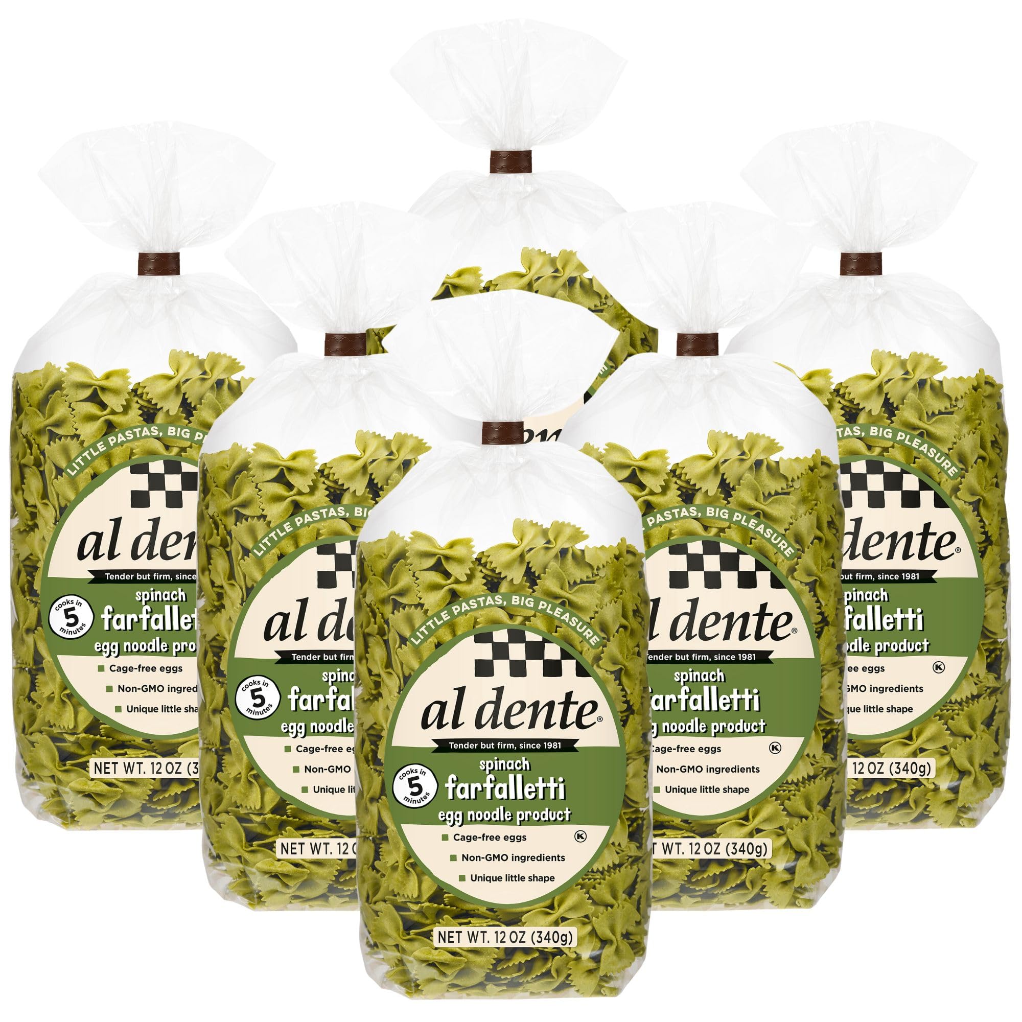 Al Dente Spinach Farfalletti – All-Natural, Hand-Crafted Spinach Egg Pasta. Traditional Pasta Noodles Made With Cage-Free Eggs & Durum Wheat, Great for Soups, Stews, & More. 12oz Bags (Pack of 6)