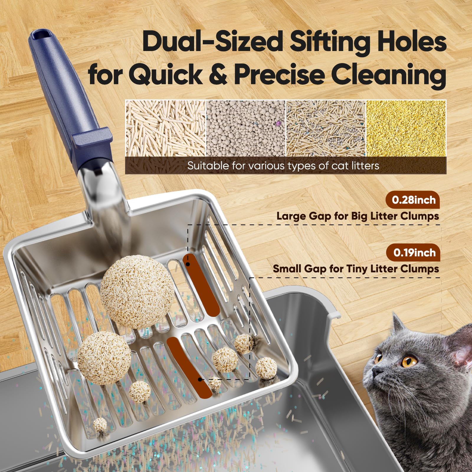 KooMooM Metal Cat Litter Scoop, Large Cat Scooper with Deep Shovel & Dual Sifting Holes for Fast & Precise Sifting, Space Aluminum Kitty Litter Scooper with Long Handle & Easy-to-Hang Hook - Blue - image 3
