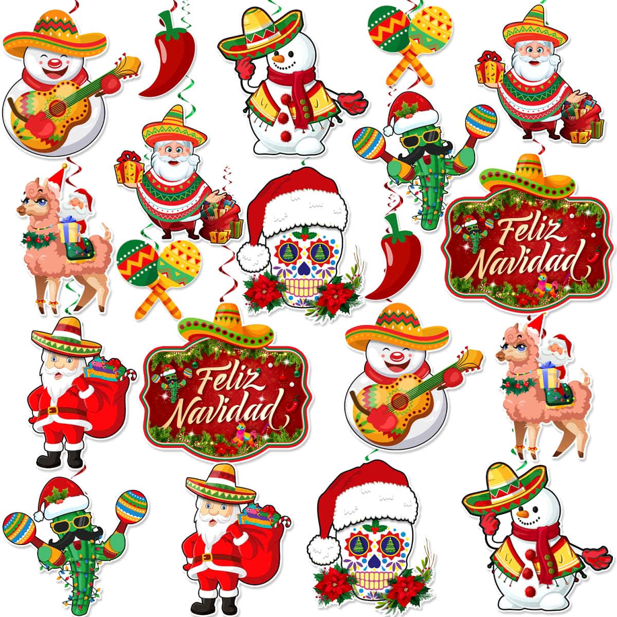 16Pcs Feliz Navidad Christmas Party Decorations Hanging Swirls Set Decoracion De Navidad Hanging Swirls Navidad Decoracion for Indoor Outdoor Feliz Navidad Decorations Mexican Christmas Decorations