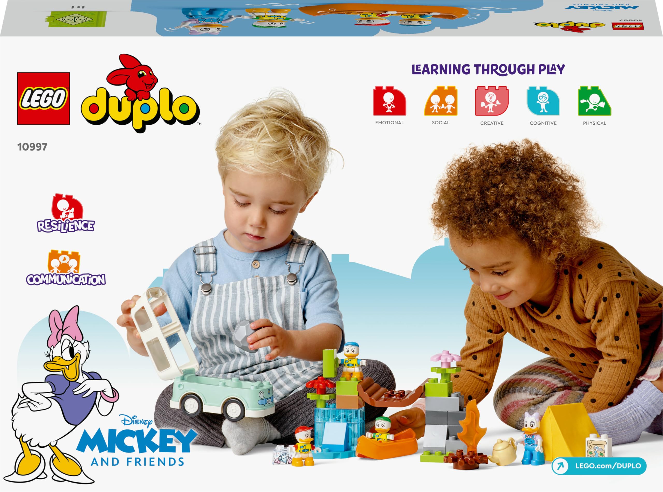 LEGO DUPLO Disney Mickey and Friends Kempingowa przygoda, zabawka dla dziecka z zabawkowym kamperem i figurkami Kaczki Daisy, Hyzia, Dyzia i Zyzia, prezent dla 2-latka, dla chłopca i dziewczynki 10997