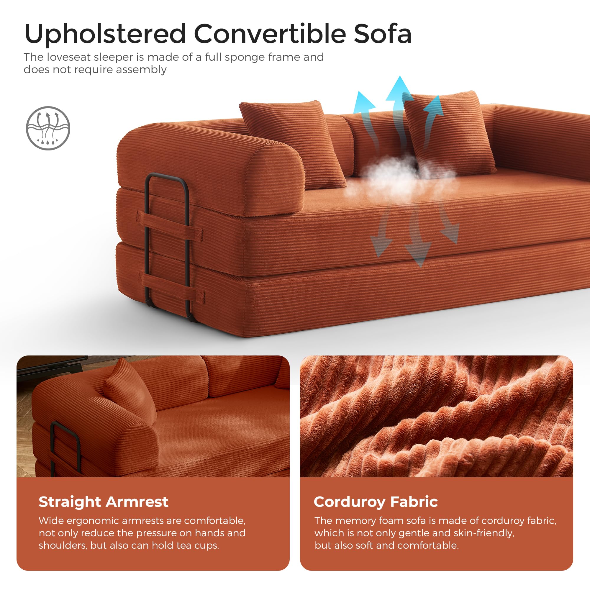 79" Convertible Futon Sofa Bed, Boneless Couch for Living Room | Orange | Folding Corduroy Boneless Sleeper Sofa, Modular Futon Couch with Fixed-Shape Frame, Pull Out Couch No Assembly