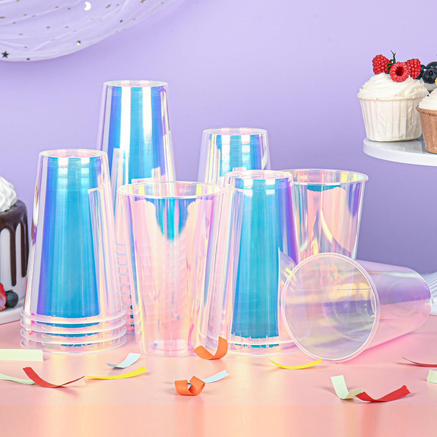 25 Iridescent Plastic Cups Holographic Clear Party Cups 16oz Rainbow Disposable Cups for Bachelorette Birthday Wedding Mermaid Party Beverage Drinkware Supplies (25, 16oz) - Image 6