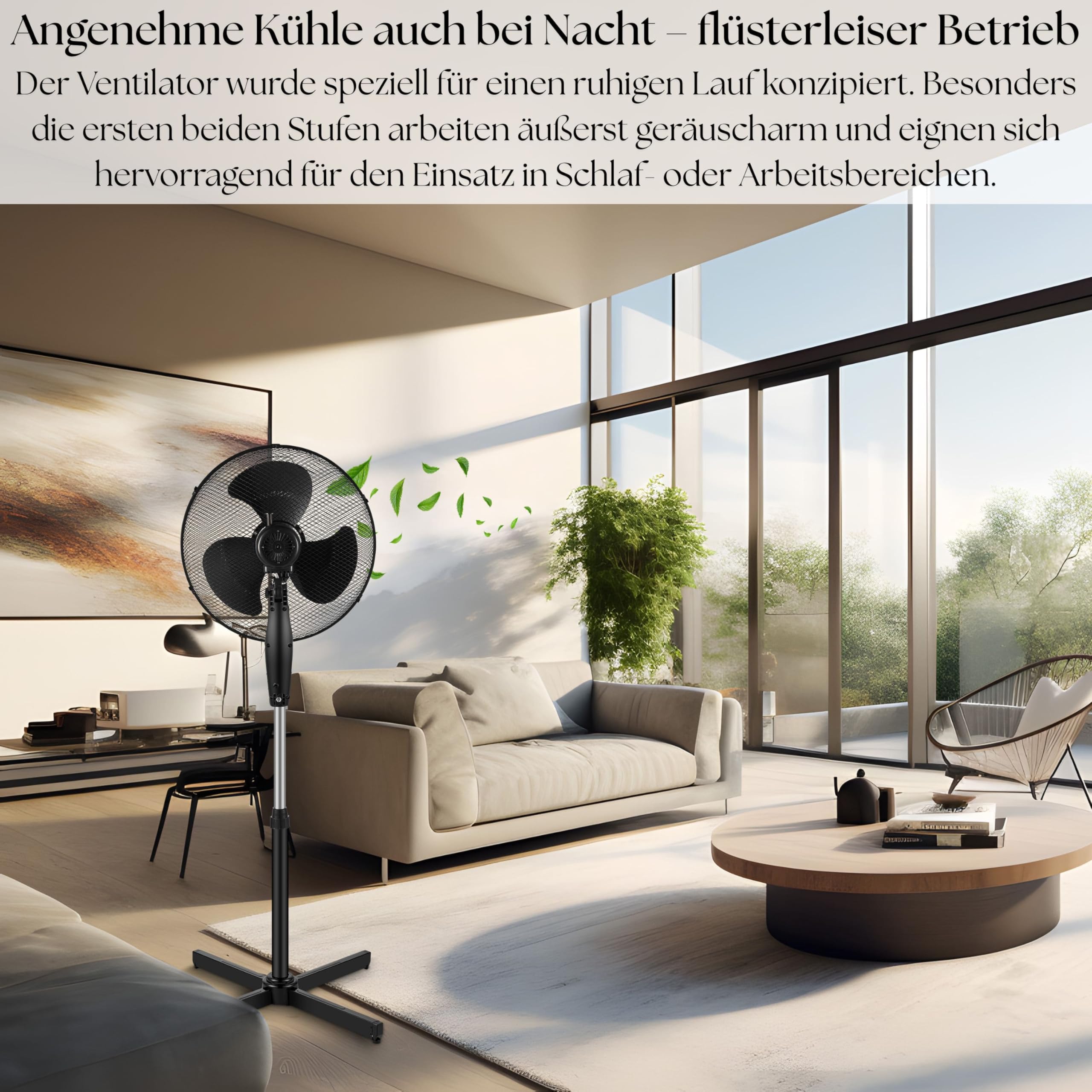 Echos® Standventilator Ø43cm kraftvoller Ventilator sehr leise energiesparend hoher Luftdurchsatz 3 Stufen Oszillationsfunktion 90° höhenverstellbar Bodenventilator mobiler Luftkühler Standlüfter