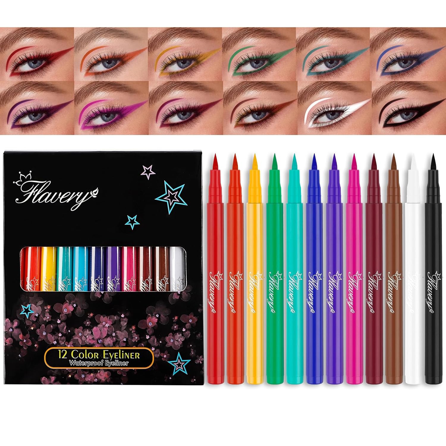 12 Colors Matte Liquid Eyeliner Set, Rainbow Colorful Neon Eyeliner Pencil, Soft and Hyper Sharp Tip Brush, Pigmented Waterproof Smudgeproof Gel Eye Liner Christmas Makeup for Women
