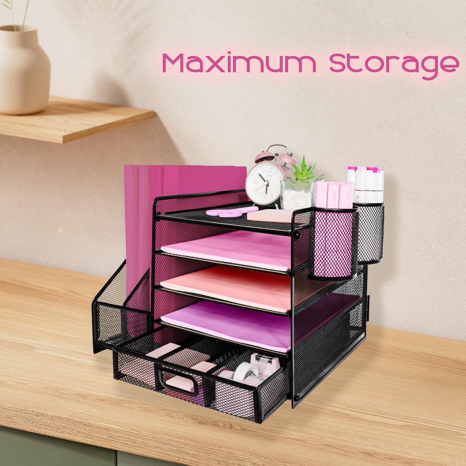 Organizer da scrivania con portadocumenti, organizer a 5 ripiani con cassetto e 2 portapenne, organizer da scrivania in rete per forniture per ufficio, spazio di lavoro, nero