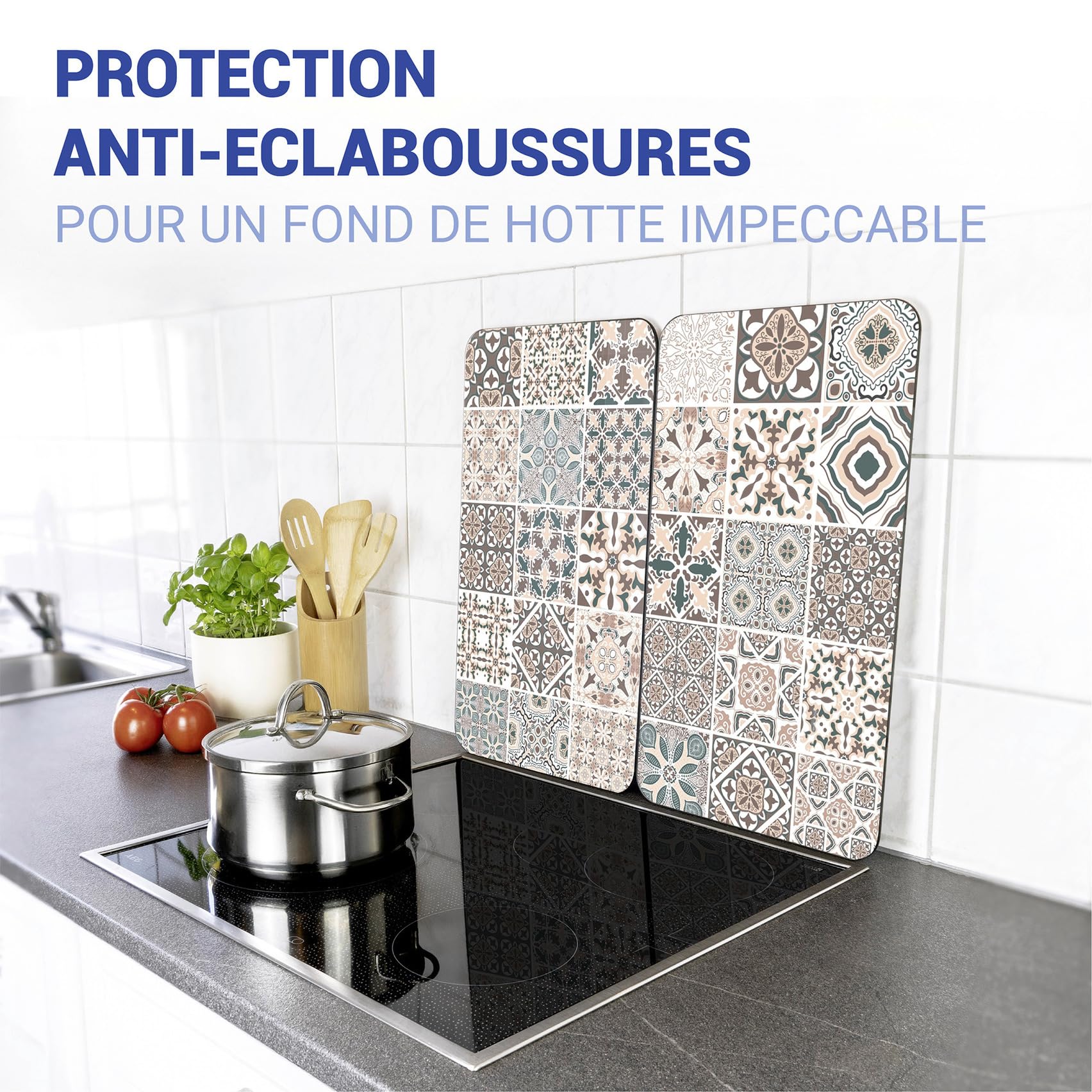 WENKO Plaque de Recouvrement Universelle Mod. Carreau, réglable en Hauteur pour Tout Type de cuisinière, Planche à découper et Protection Anti-éclaboussures, Verre, 30 x 52 cm, 2 pièces