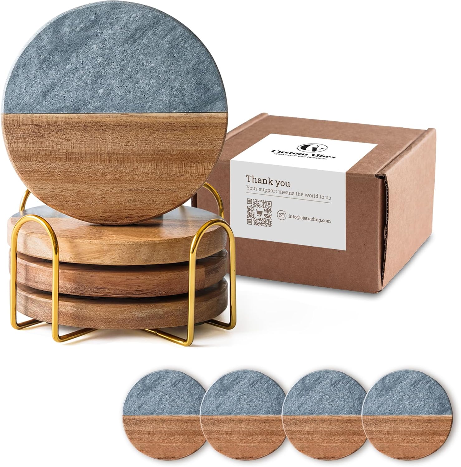 Luxury Marble and Wood Coasters, Set of 4 with Gold Stand, Unique Décor Gift for Weddings, Engagements, and Anniversaries (Sea Spray)