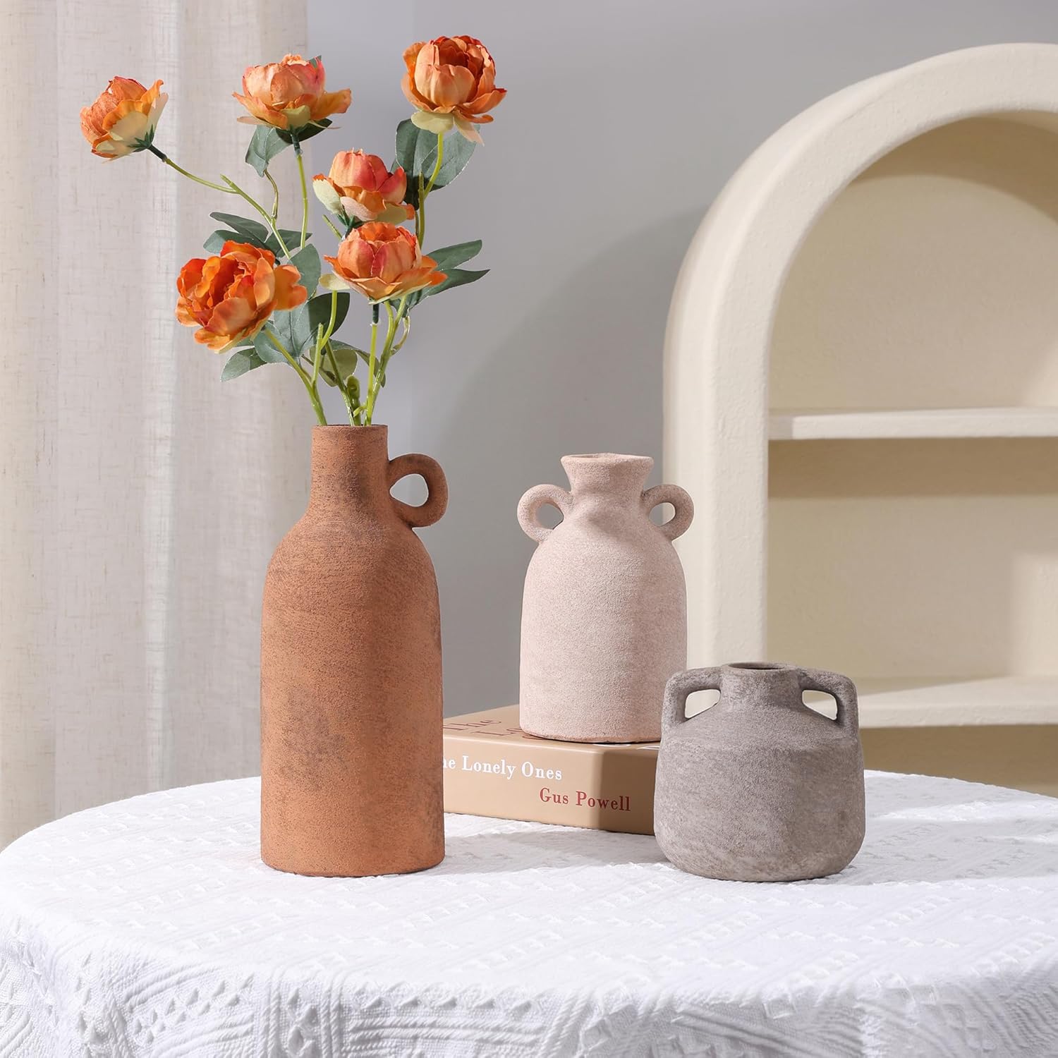 Ceramic Vase Set, 3Pcs Flower Vases for Modern Boho Farmhouse Decor, Decorative Vases for Pampas Grass & Dried Flowers, Distressed Finish