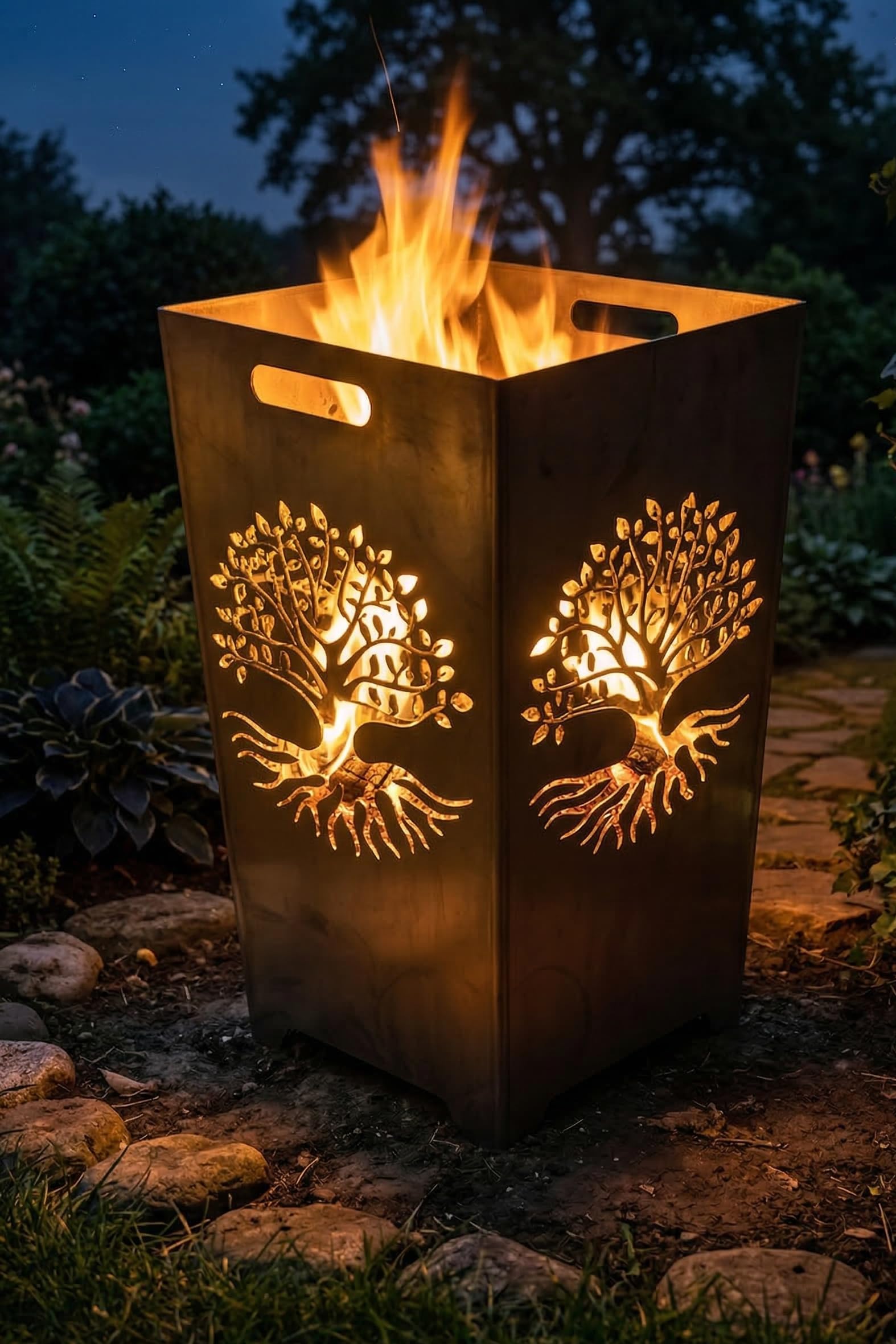 Premium Feuerkorb Lebensbaum – 37x37x75 cm | Massiver 3mm Qualitätsstahl, Komplett Verschweißt | Inkl. Aschewanne & Grillrost | Massive Feuersäule für Garten & Terrasse