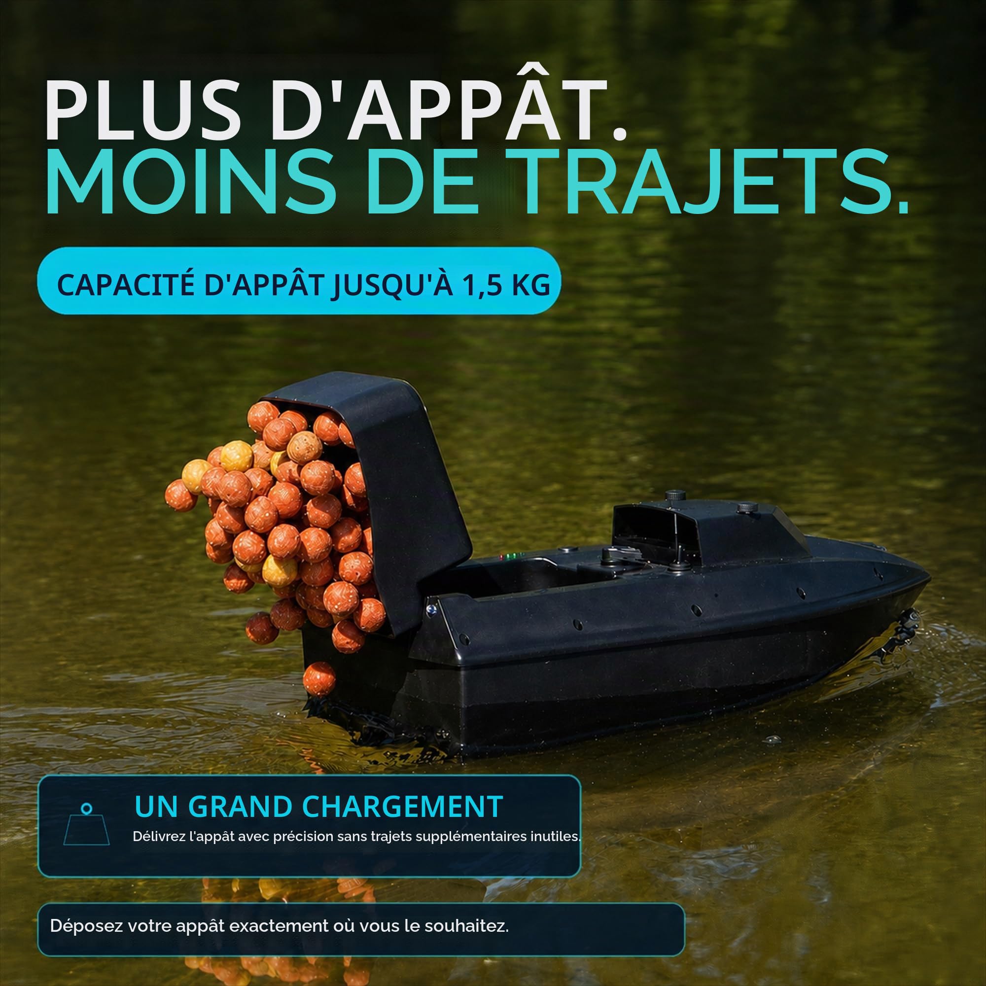 Bateau amorceur à la Carpe - Nouveau Modèle avec Régulateur de Croisière, 1.5 kg Capacité de Charge, 500 m Portée, 3 Heures de Navire, Lumières LED - Bateau à Carpe Baitboat avec Télécommande