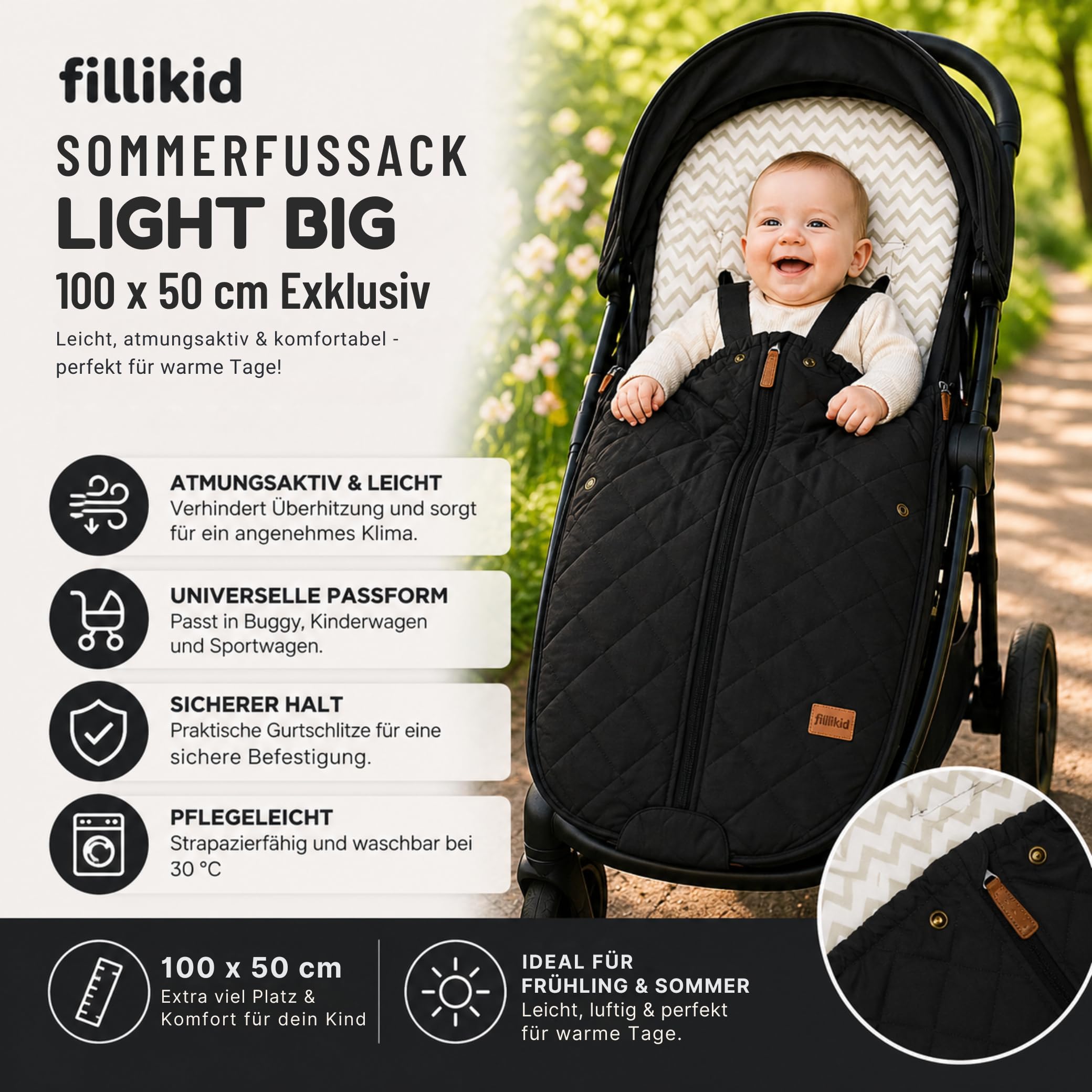 Fillikid Sommerfußsack Light Big Exklusiv 100x50cm Universal Kinderfußsack waschbar atmungsaktiv abnehmbar