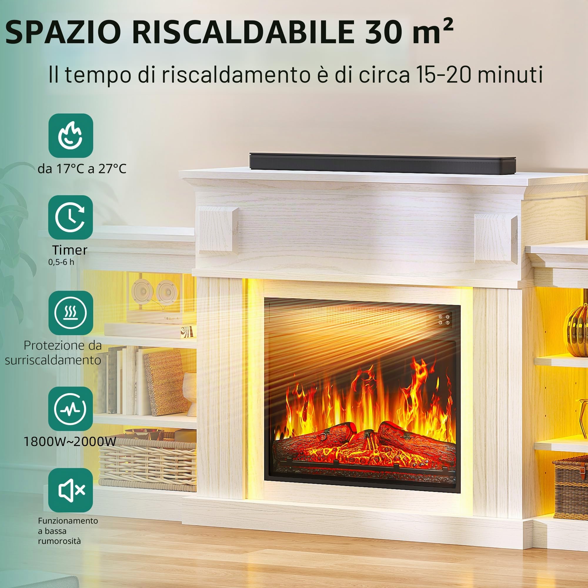YITAHOME 72" Camino Elettrico, Effetto Fiamma 3D Realistico Mobile TV con Spazio di Archiviazione Aperto, Camino Elettrico da Terra con Timer a Striscia Luminosa a LED e Telecomando