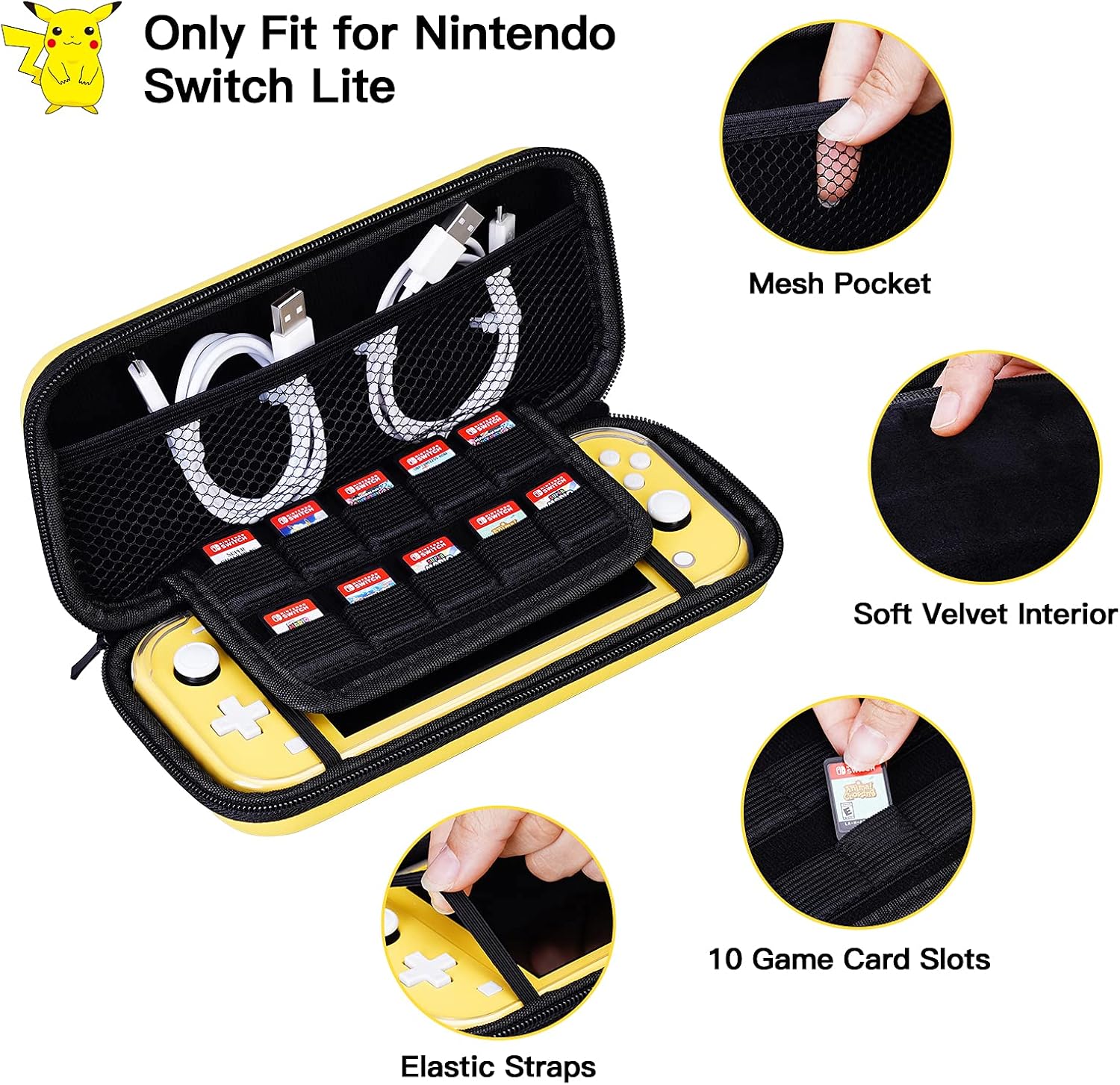 JINGDU Carrying Case Compatible with Nintendo Switch Lite, The Cute Yellow Storage Bag Accessories with 10 Game Card Slots is Convenient for Travel, Include Screen Protector & Hand Strap, Pika