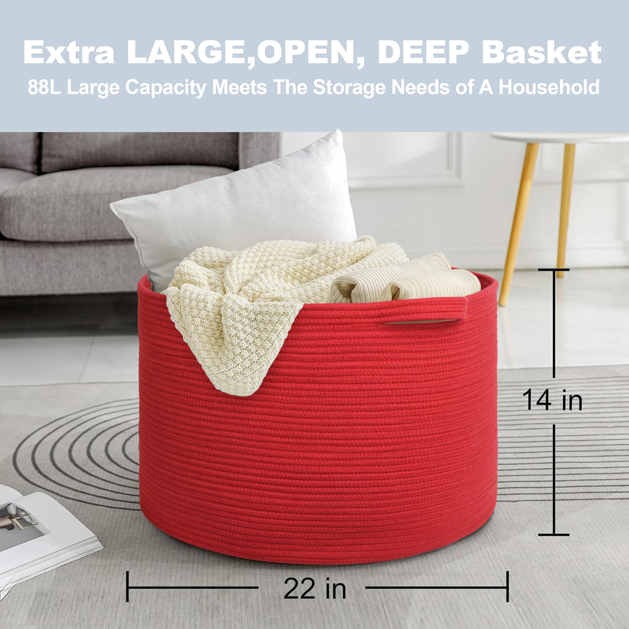 MEGASKET extra großer roter Aufbewahrungskorb 55,9 x 55,9 x 35,6 cm aus Baumwollseil – ideal für Decken, Wäsche, Spielzeug oder Haustierbedarf. Stilvoller Organizer für Wohnzimmer oder Kinderzimmer