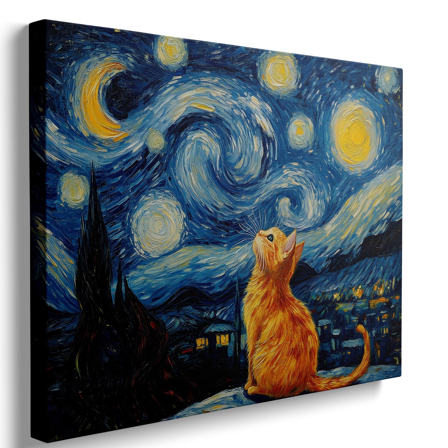 Ypxzzj Van Gogh Starry Night With Cat Canvas Wall Art,Night Starry Prints Pictures Paintings Wall Decor, Animal Cat Artworks for Bedroom Living Room