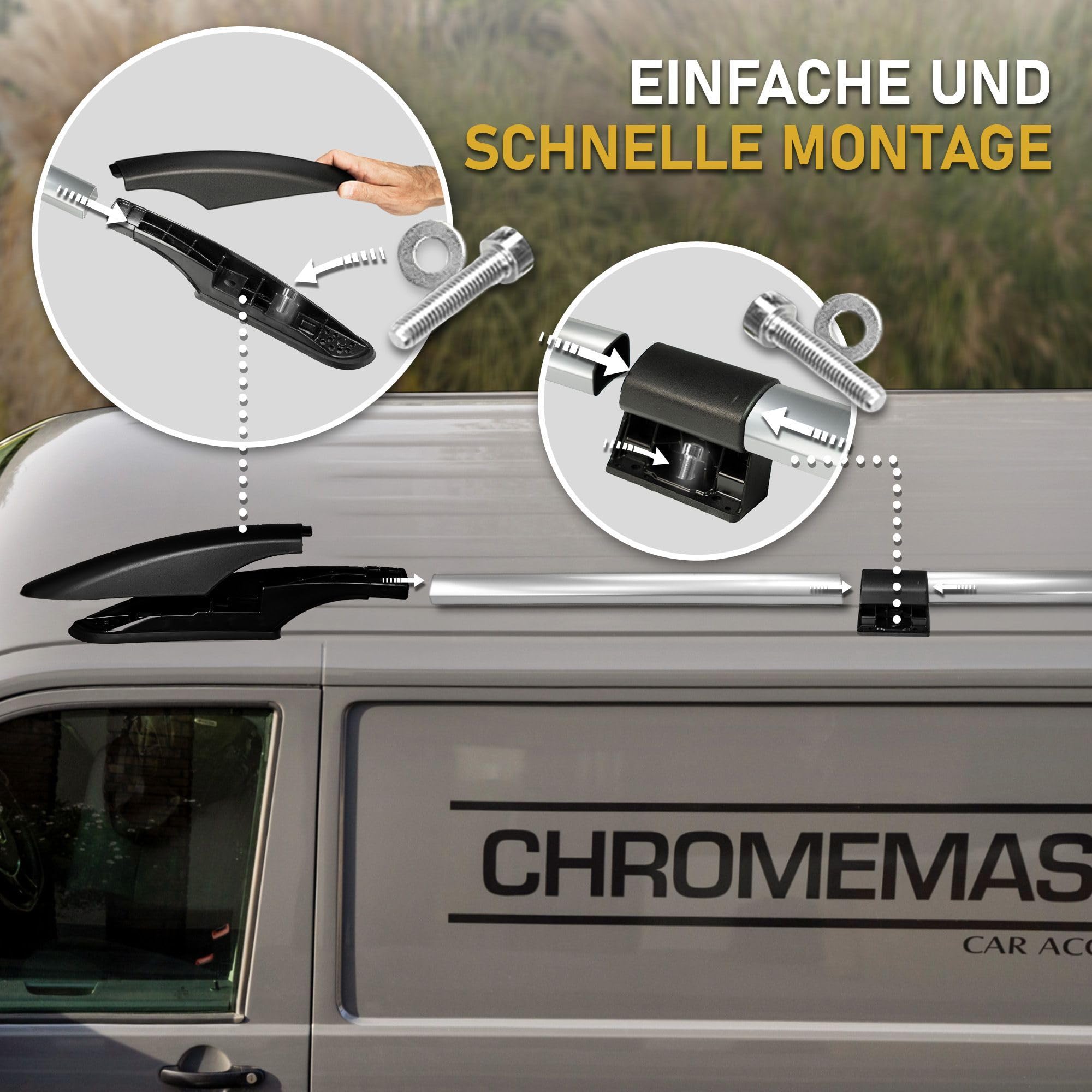 CHROMEMASTER | Dachrelinge Dachträger Kompatibel mit Ford Transit Custom L1 KURZ 2023+; Geeignet zur Montage von Dachträgern, Dachboxen und Fahrradträgern | Einfache und Schnelle Montage | Aluminium