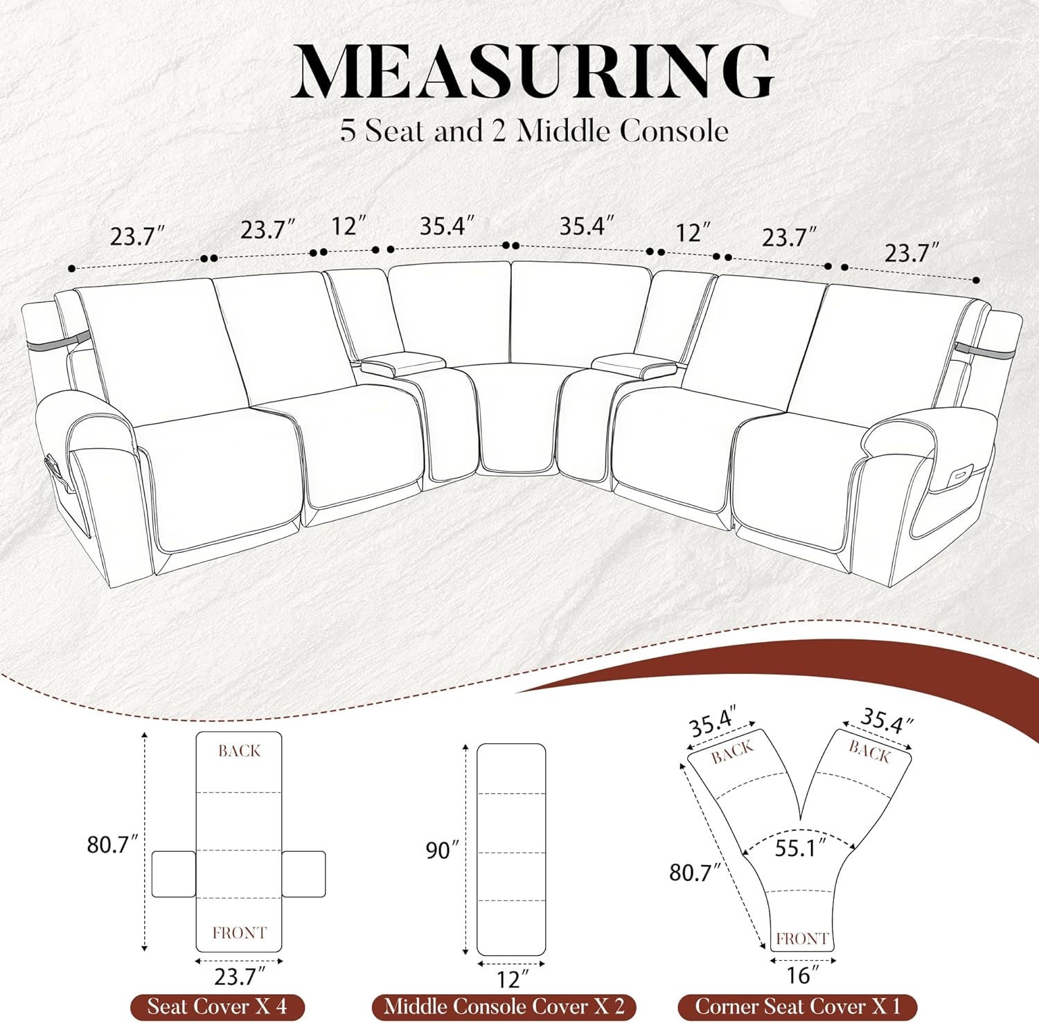 Velvet 1OO% Waterproof Reclining Sectional Couch Covers for Sectional Sofa L Shape 9-Piece Quilted Corner Recliner Sofa Cover Slipcovers Set Washable (5 Seater with 2 Console, Silvery Grey)