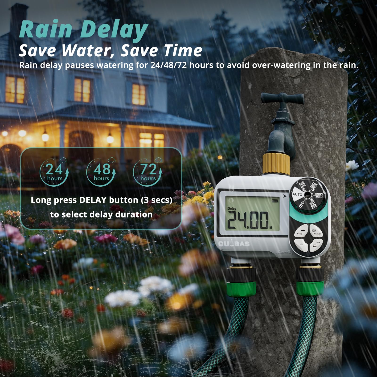 QUOBAS Timer per irrigatore per tubo da giardino, programmabile in ottone, timer digitale dell'acqua con ritardo pioggia/auto/manuale 3 modalità, piscina, irrigazione a goccia, schermo impermeabile