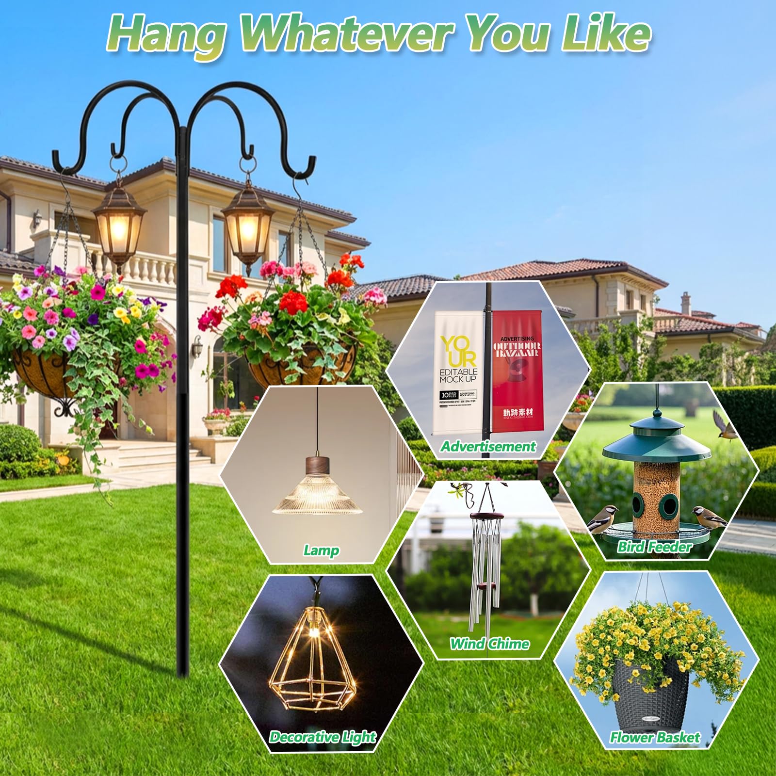 Bird Feeders Hanging Station, 223CM Bird Feeder Pole with 5-Prong Base, Bird Feeder Stand Heavy Duty, Extra Tall Shepherds Crooks Hooks for Outdoor Garden, Lamp, Flower Basket, Wind Chimes — view 6