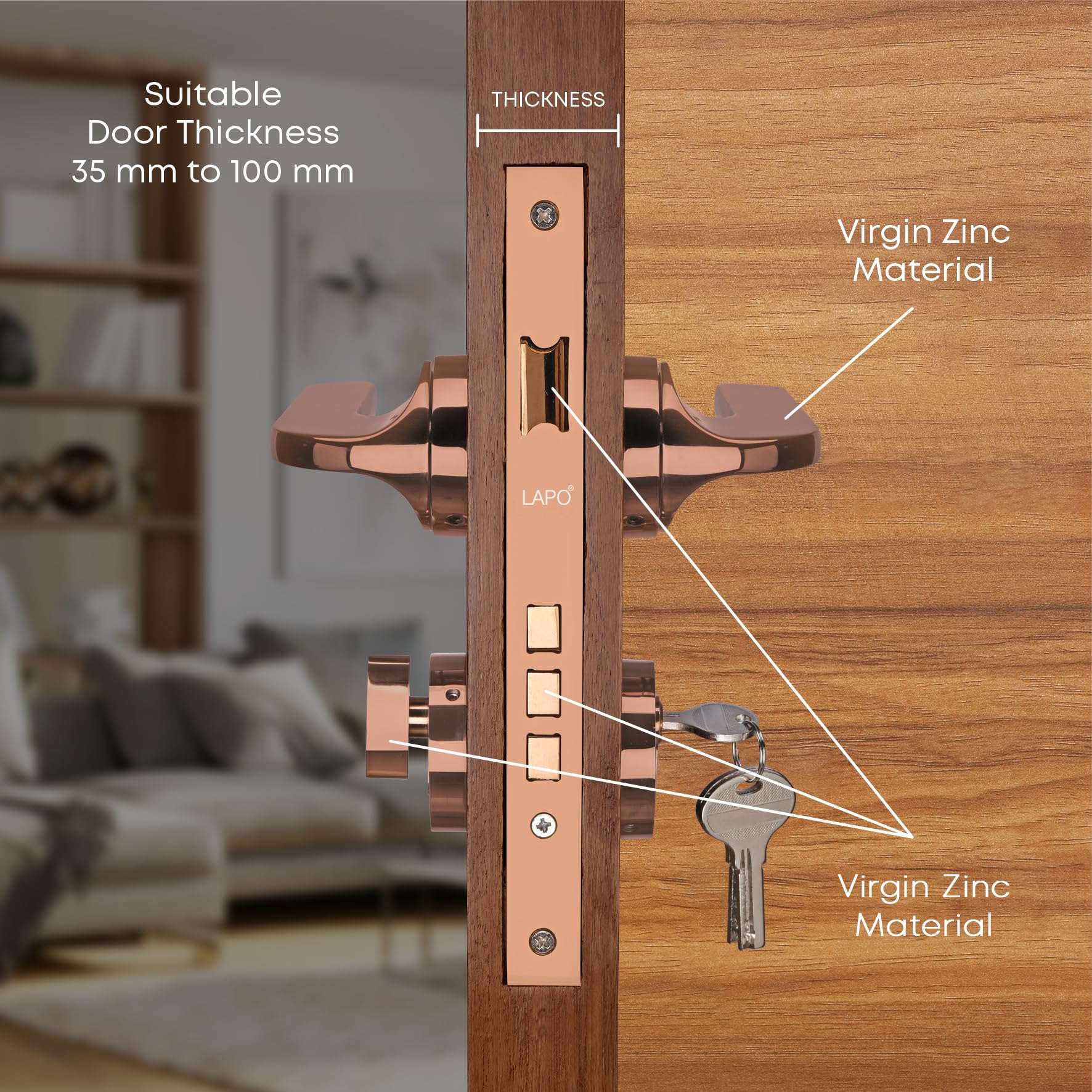 Rose Gold Mortise Door Lock - Secure & Stylish -8