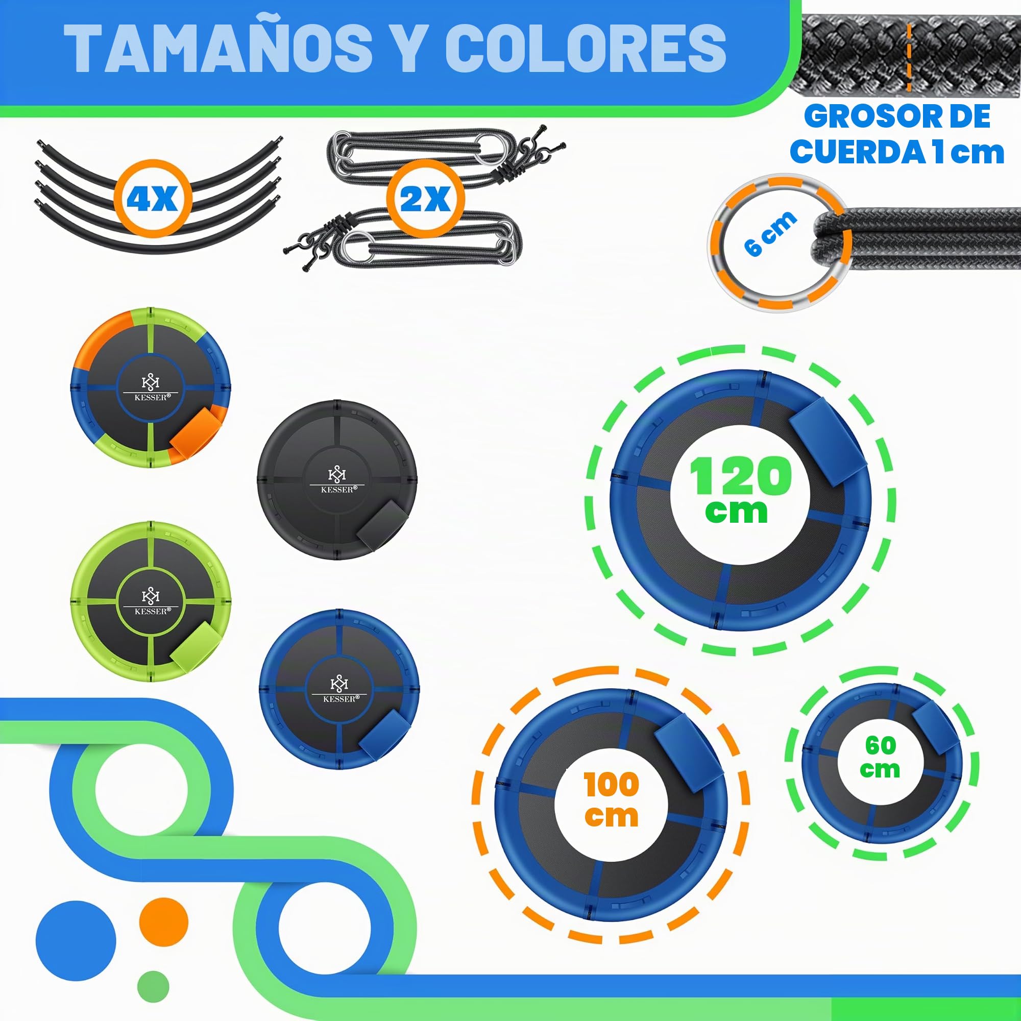 KESSER® Columpio nido de pájaro, diámetro 100 cm, carga máxima 300 kg, con cojín y 4 asas ajustables, para niños y adultos, color azul