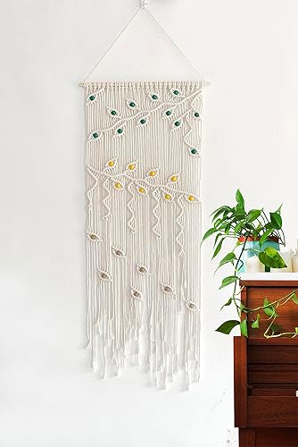 Winterdemoon Cortina de macramé para colgar en la pared, decoración bohemia con cuentas, decoración de pared de macramé, decoración de pared de